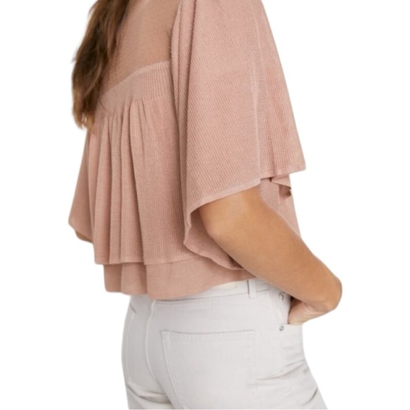 Zara Contrasting Ruffled Bell Sleeve Blush Nude Mesh Swiss Dot Top Blouse Small - Picture 7 of 15